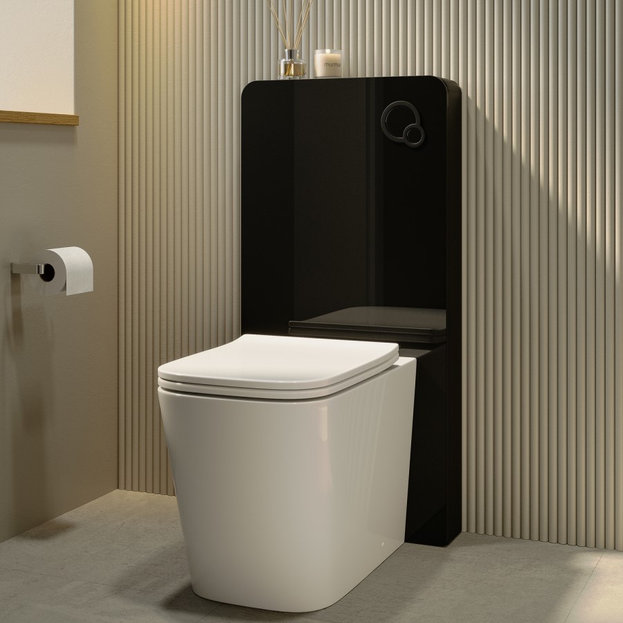 Back to Wall Toilet with Black Glass Cabinet, Cistern & Pneumatic Dual Flush Button - Albi