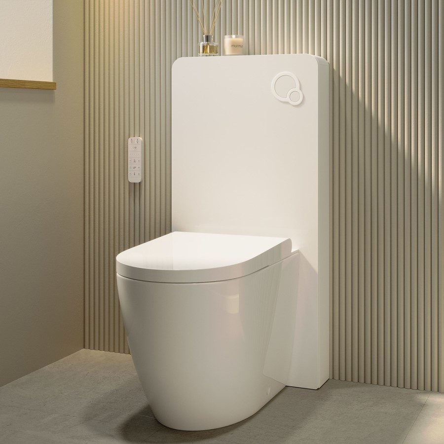 Back to Wall Smart Bidet Japanese Toilet with White Glass Cabinet, Cistern & Pneumatic Dual Flush Button - Purificare