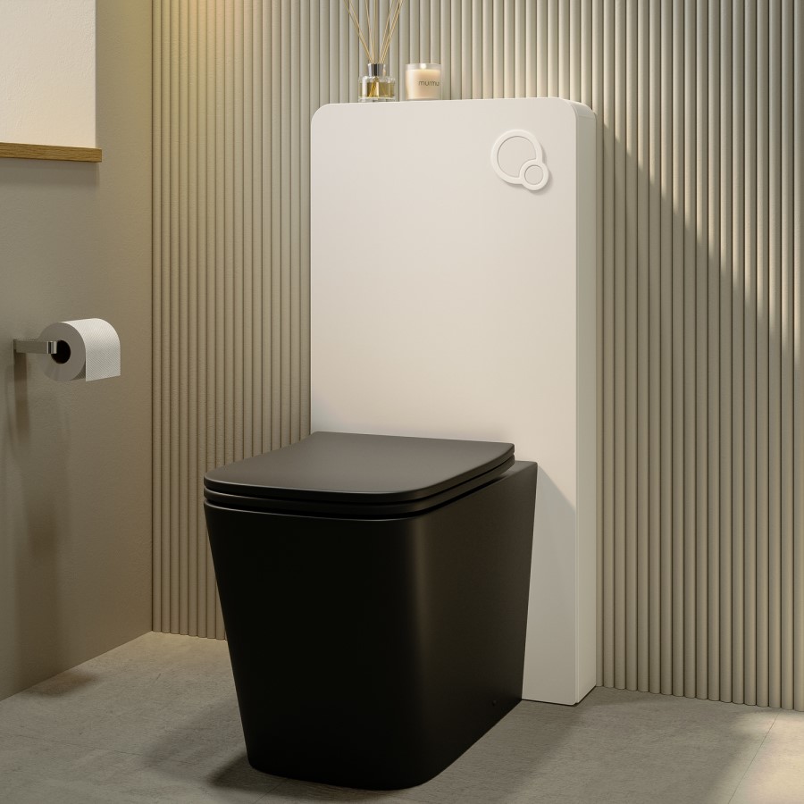 Black Back to Wall Toilet with White Glass Cabinet, Cistern & Pneumatic Dual Flush Button - Albi