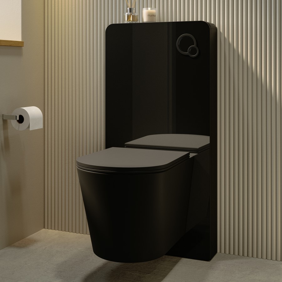 Black Wall Hung Toilet with Black Glass Cabinet, Cistern & Pneumatic Dual Flush Button - Verona