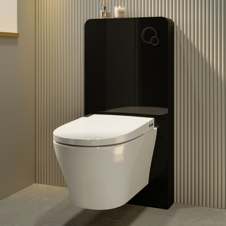 Wall Hung Smart Bidet Japanese Toilet with Heated Seat, Black Glass Cabinet, Frame, Cistern & Pneumatic Dual Flush Button - Purificare