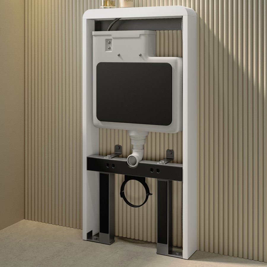 Wall Hung Toilet with White Glass Cabinet, Cistern & Pneumatic Dual Flush Button - Albi