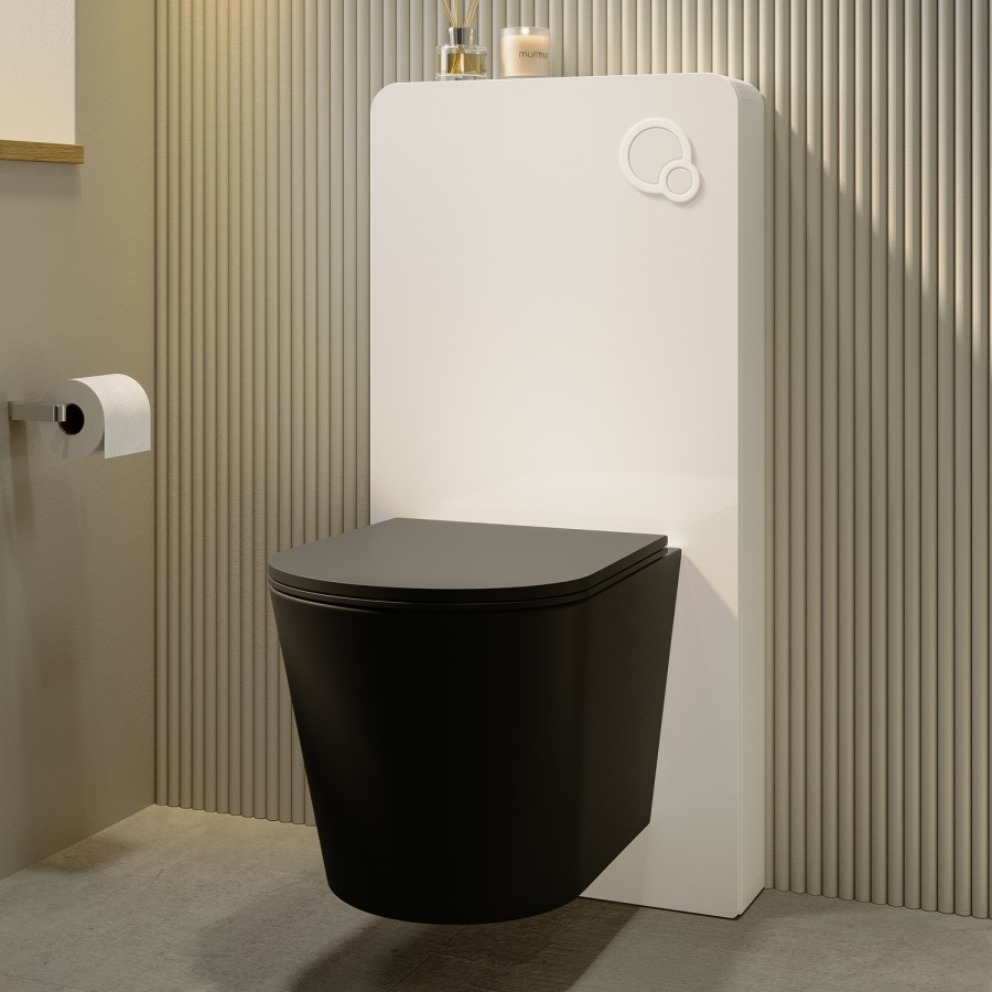 Black Wall Hung Toilet with White Glass Cabinet, Cistern & Pneumatic Dual Flush Button - Albi