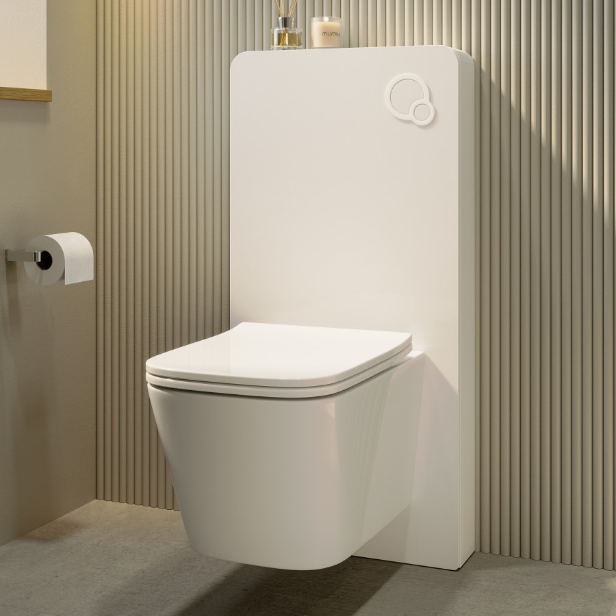 Wall Hung Toilet with White Glass Cabinet, Cistern & Pneumatic Dual Flush Button - Albi