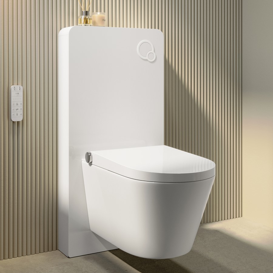 Wall Hung Smart Bidet Japanese Toilet with White Glass Cabinet, Frame, Cistern & Pneumatic Dual Flush Button - Purificare