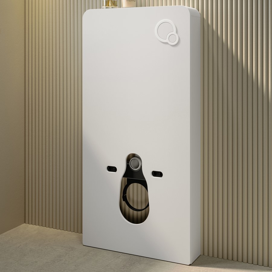 Wall Hung Smart Bidet Japanese Toilet with White Glass Cabinet, Frame, Cistern & Pneumatic Dual Flush Button - Purificare