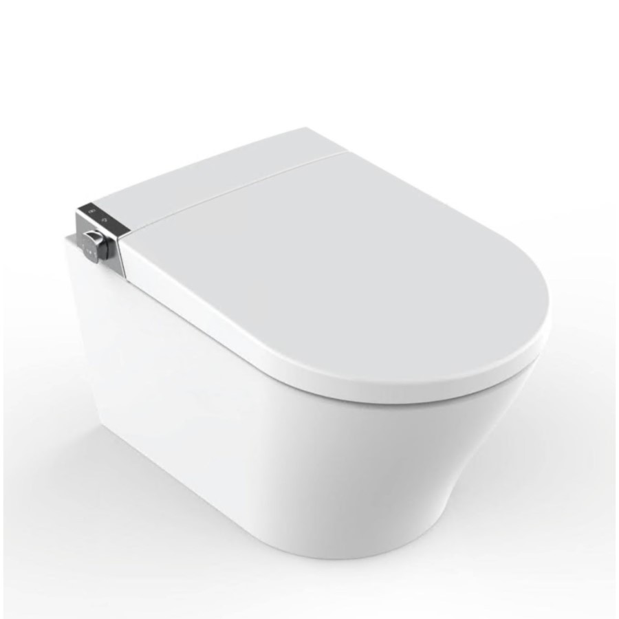 Wall Hung Smart Bidet Japanese Toilet with Heated Seat, Black Glass Cabinet, Frame, Cistern & Pneumatic Dual Flush Button - Purificare