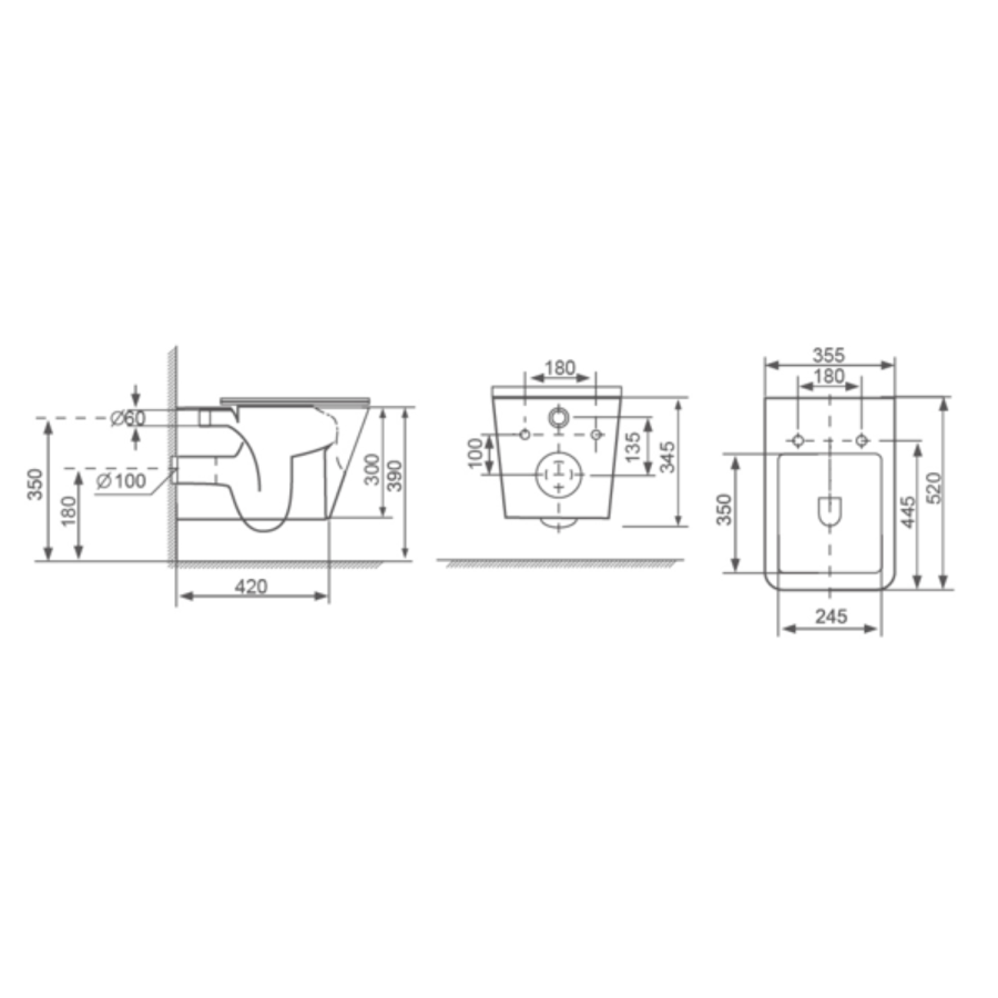 Black Wall Hung Toilet with White Glass Cabinet, Cistern & Pneumatic Dual Flush Button - Albi