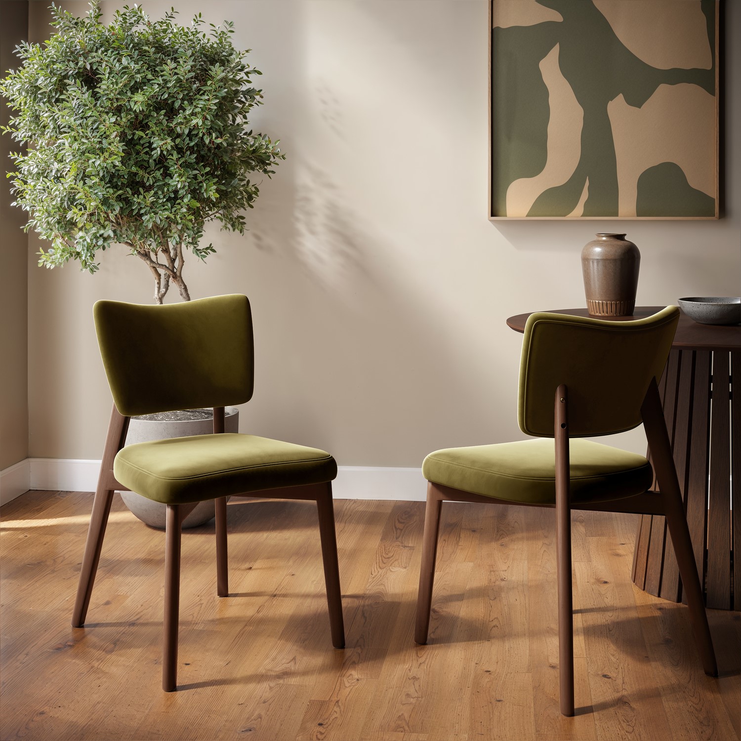 Set 2 Olive Green Velvet Dining Chairs Walnut Legs