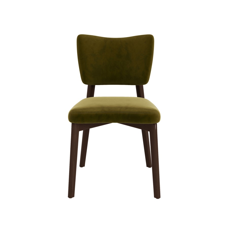 Set of 6 Olive Green Velvet Dining Chairs with Walnut Legs - Greta