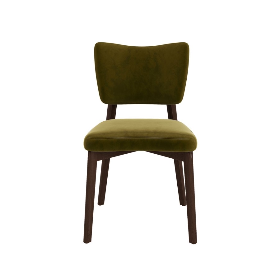 Round Walnut Dining Table Set with 4 Olive Green Velvet Curved Back Dining Chairs - Seats 4 - Hana