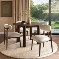 Round Walnut Dining Table Set with 4 Beige Upholstered Chairs - Seats 4 - Hana