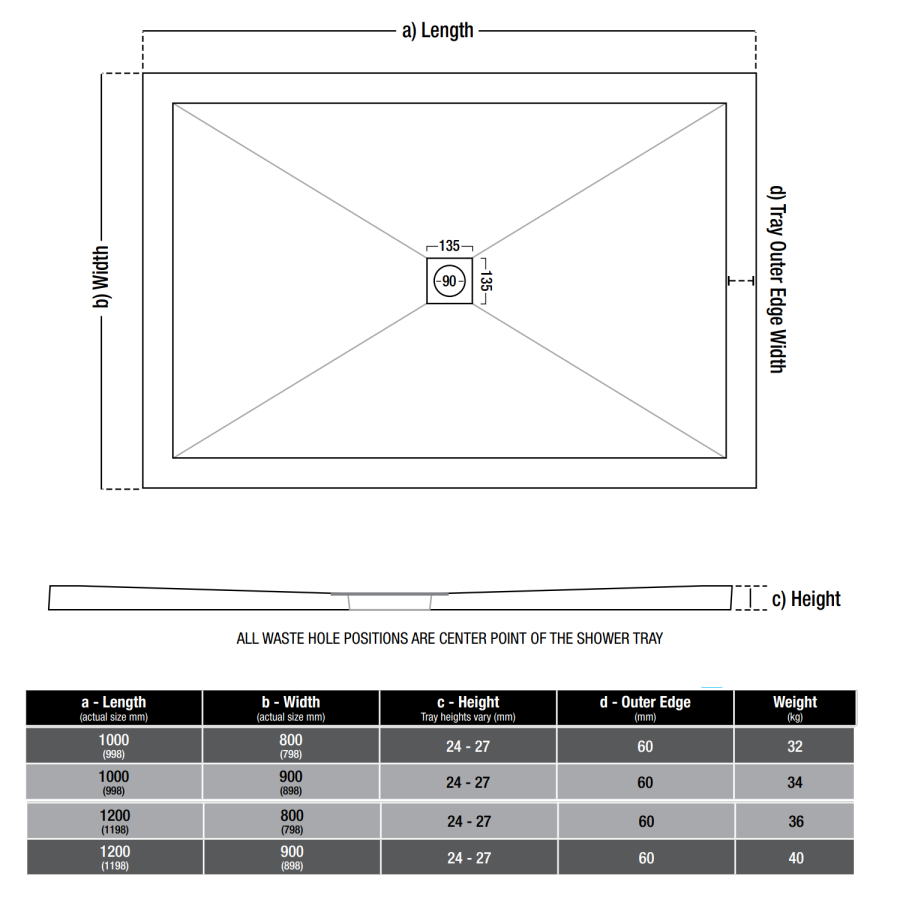 1000x900mm Rectangular Low Profile Shower Tray 25mm with Waste - White Stone Resin Low Profile - Harmony