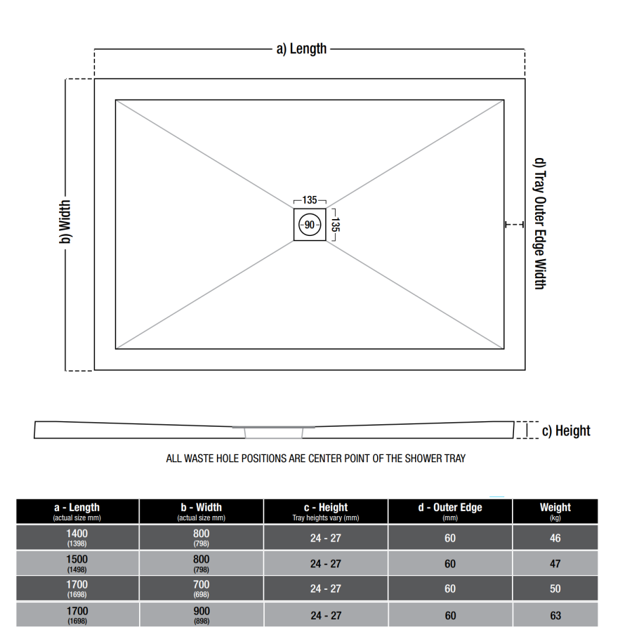 1500x800mm Rectangular Low Profile Shower Tray 25mm with Waste - White Stone Resin Low Profile - Harmony