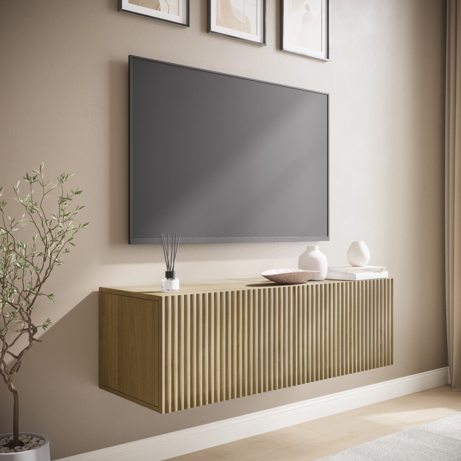 Tv Unit Ribbed Oak Multifunctional Small Oak Ribbed Floating TV Stand - TV's up to 55 ...