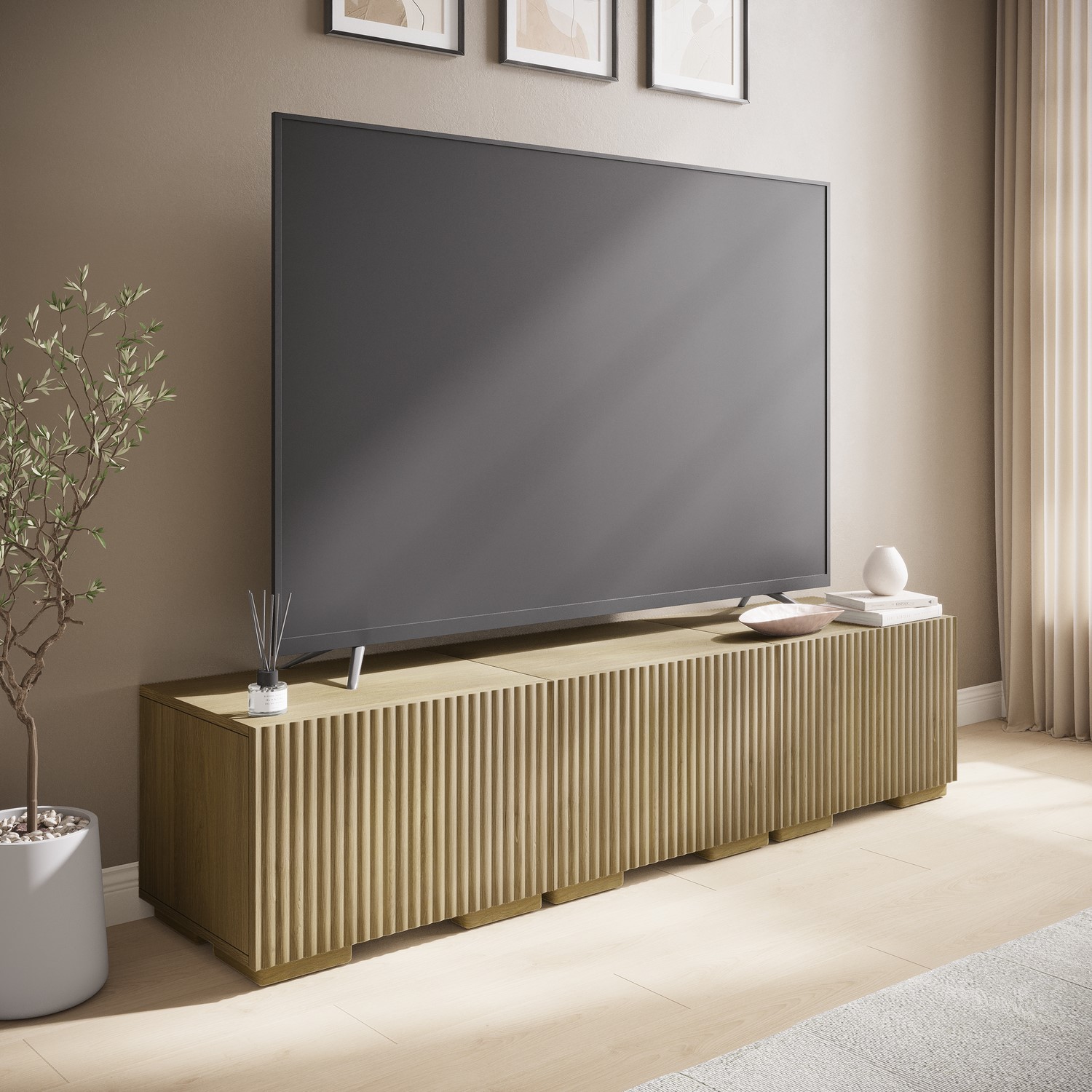 Tv Unit Ribbed Oak Multifunctional Oak Ribbed Floating TV Stand - TV's up to 75