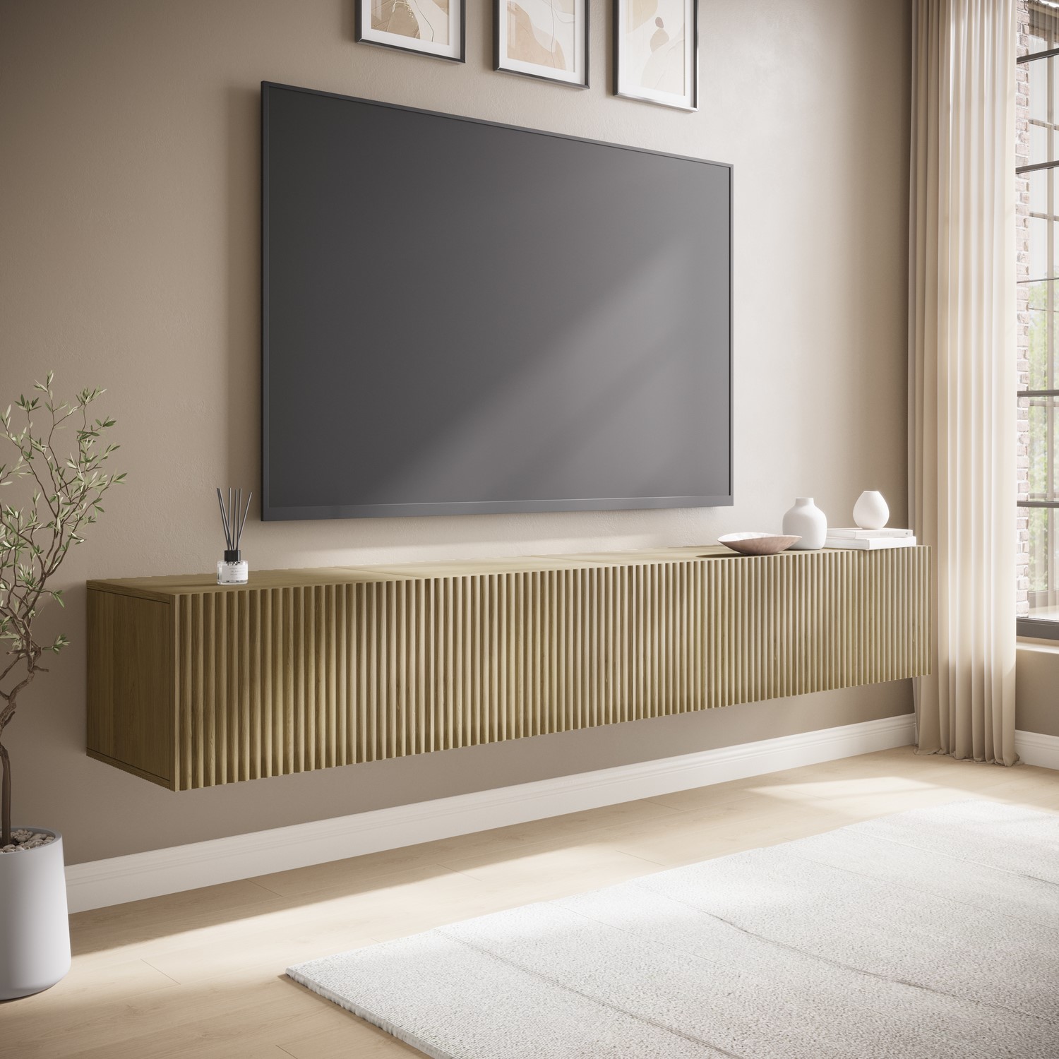 Tv Unit Ribbed Oak Multifunctional Large Oak Ribbed Freestanding TV Stand with Storage ...