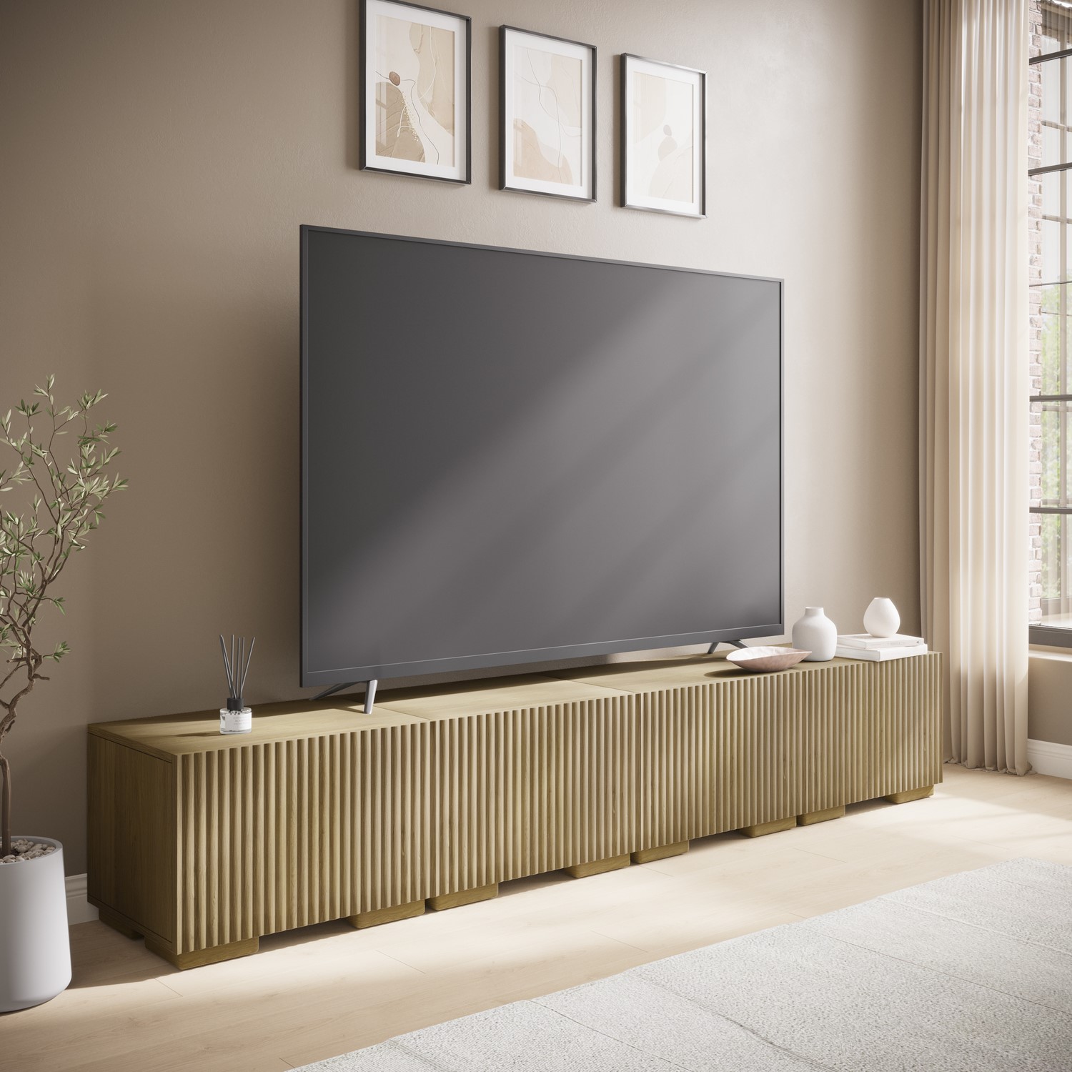 Tv Unit Ribbed Oak Multifunctional Large Oak Ribbed Freestanding TV Stand with Storage ...