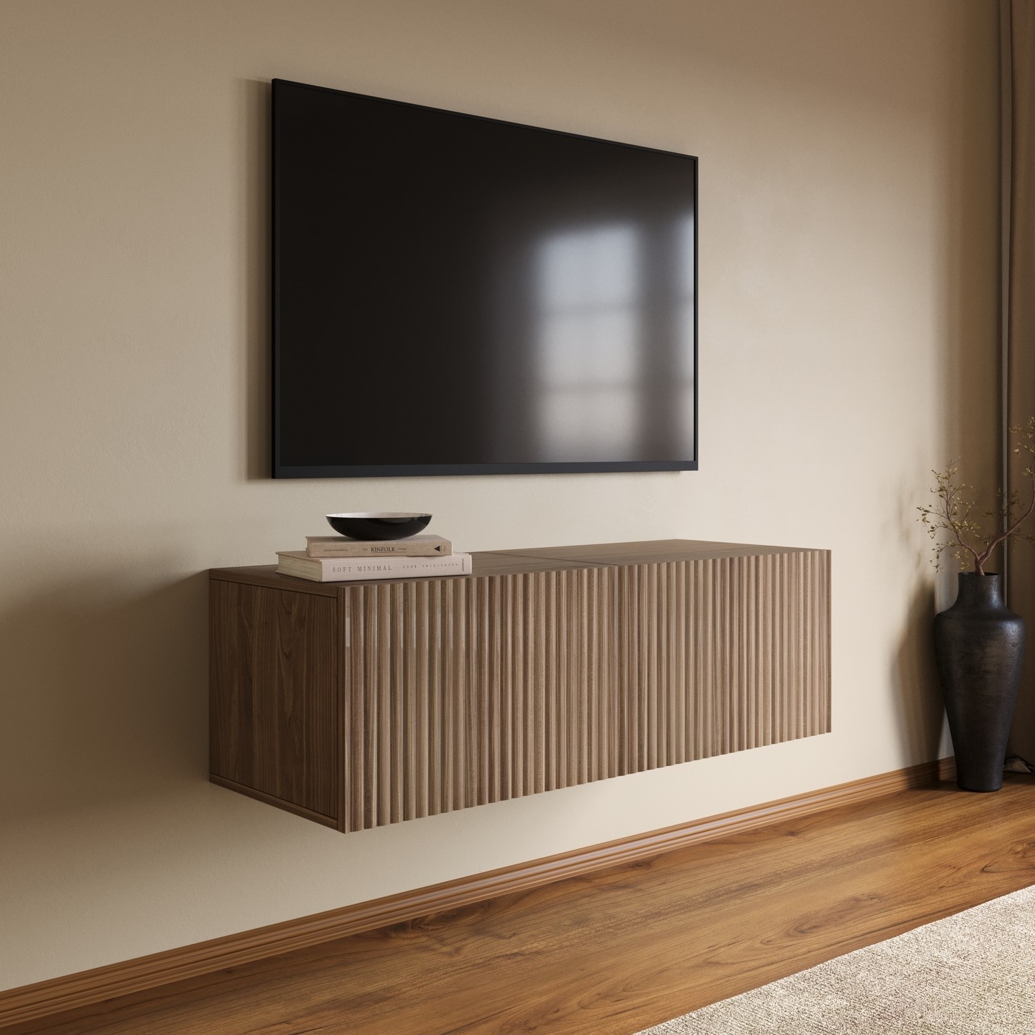 Multifunctional Small Walnut Ribbed Floating TV Stand TVs up to 55
