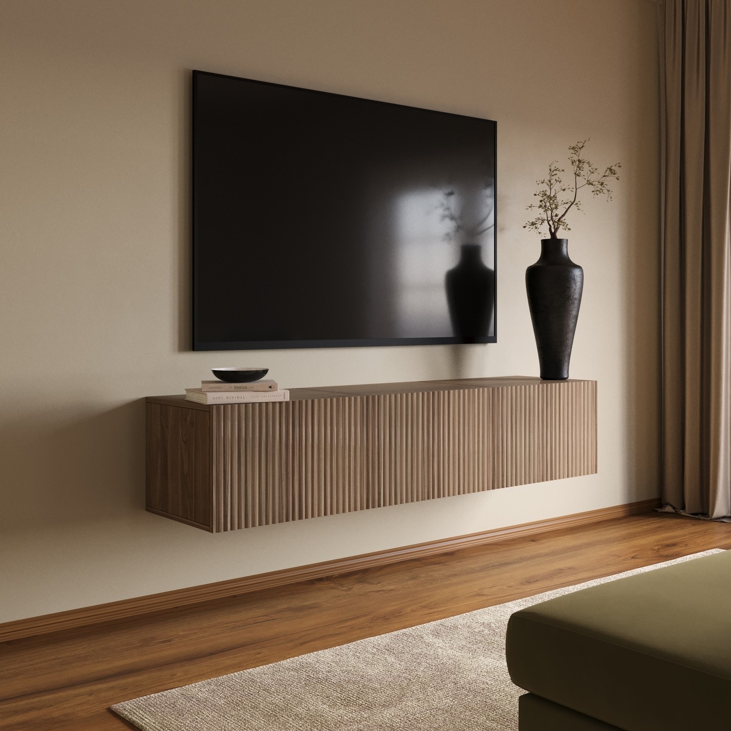Multifunctional Walnut Ribbed Floating TV Stand TVs up to 75