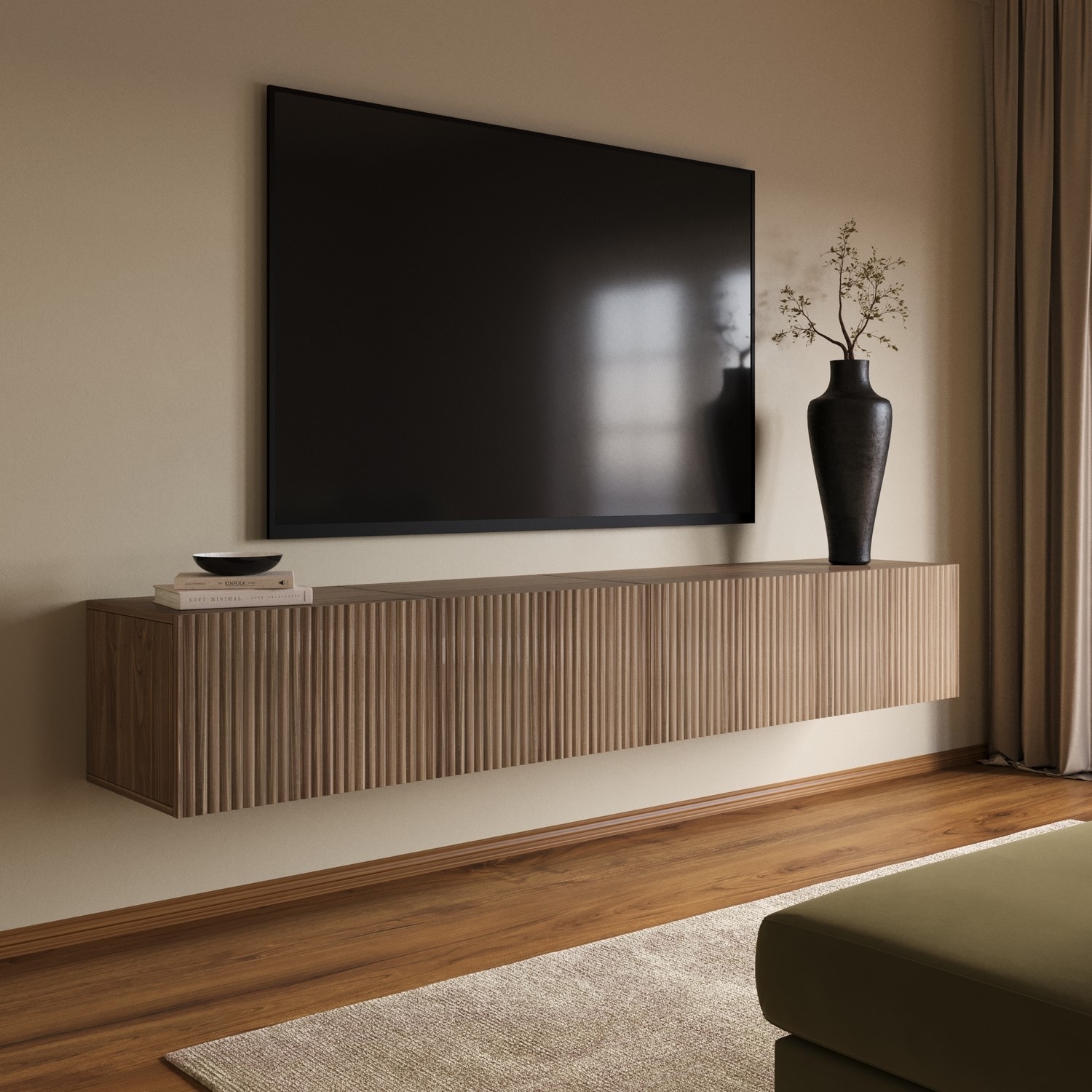 Multifunctional Large Walnut Ribbed Freestanding TV Stand Storage TVs up to 85