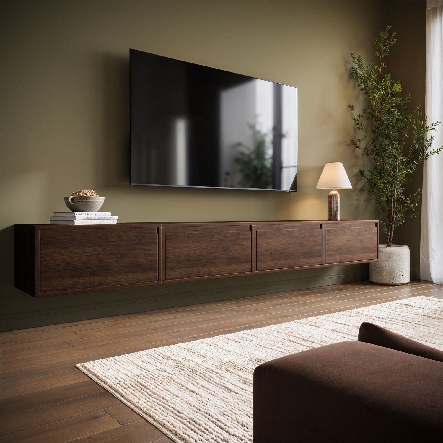 Large Walnut Floating Wall Mounted TV Stand - TV's up to 85 - Hiro