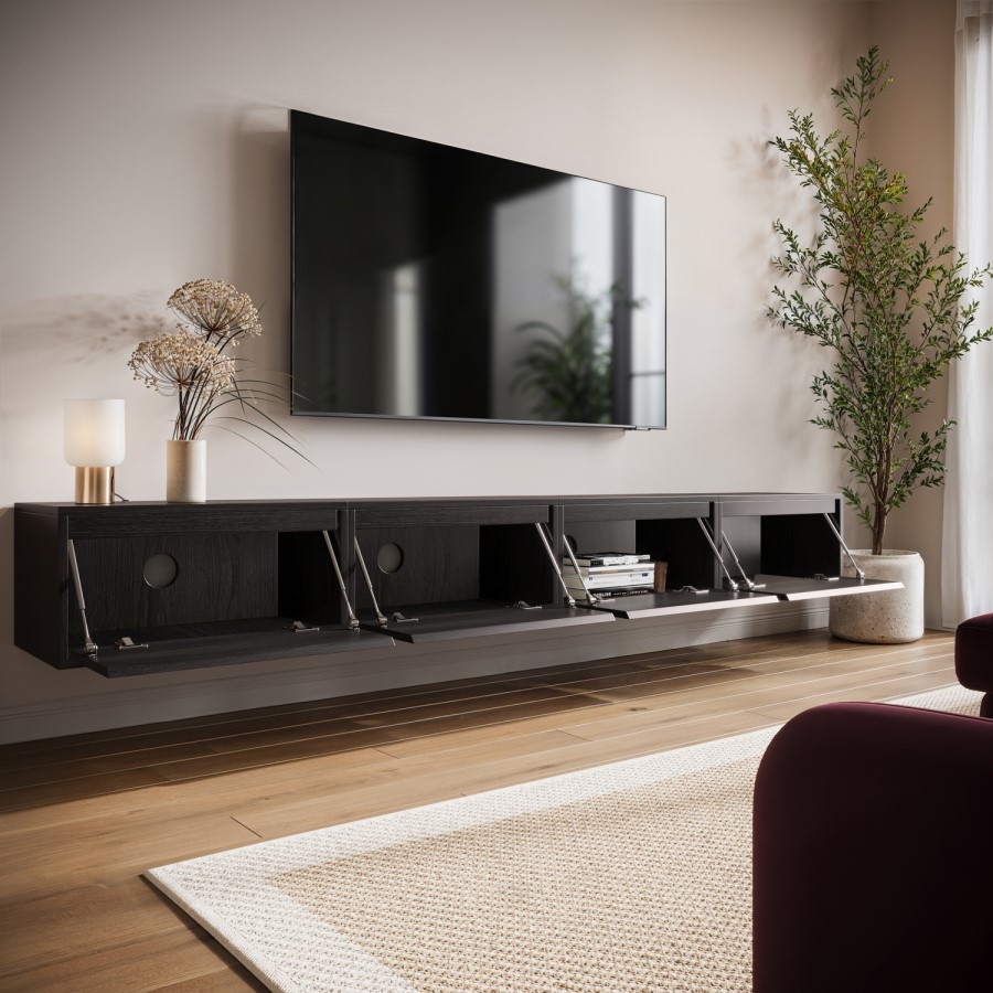 Large Black Floating Wall Mounted TV Stand - TV's up to 85" - Hiro