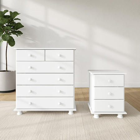 White Bedside Table and Chest of Drawers Set - Hamilton