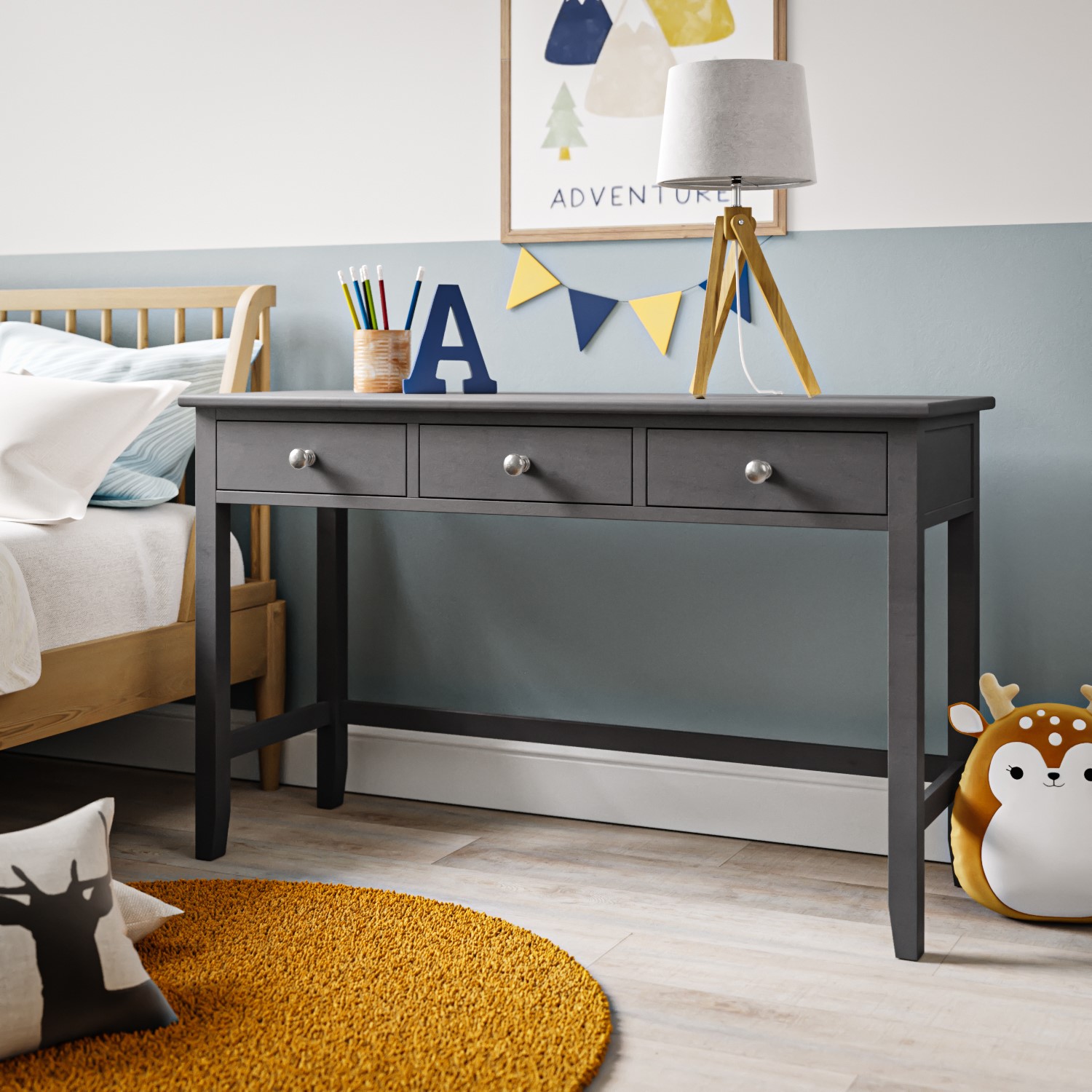 Photo of Kids grey solid wood desk with 3 drawers - harper
