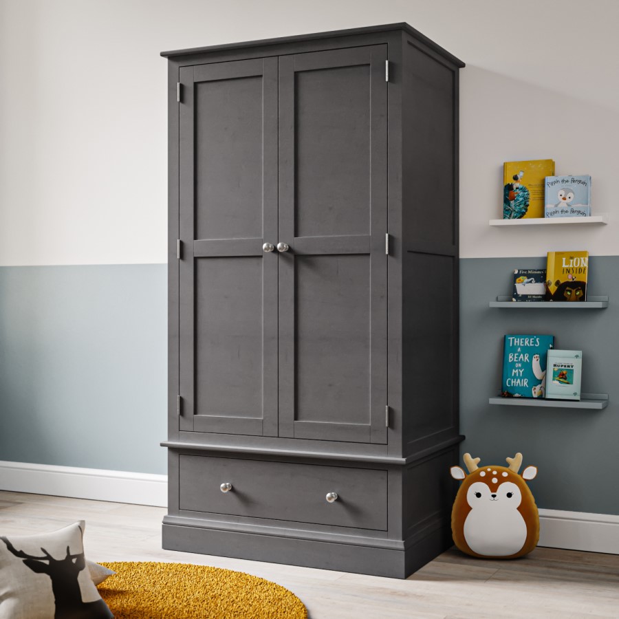 Kids Grey Painted 2 Door Double Wardrobe with Drawer - Harper