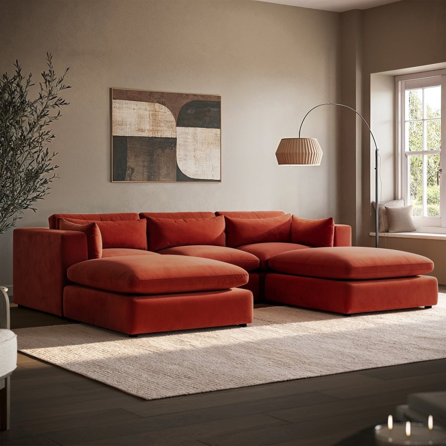 Burnt Orange Velvet U-Shaped Sofa - Hudson