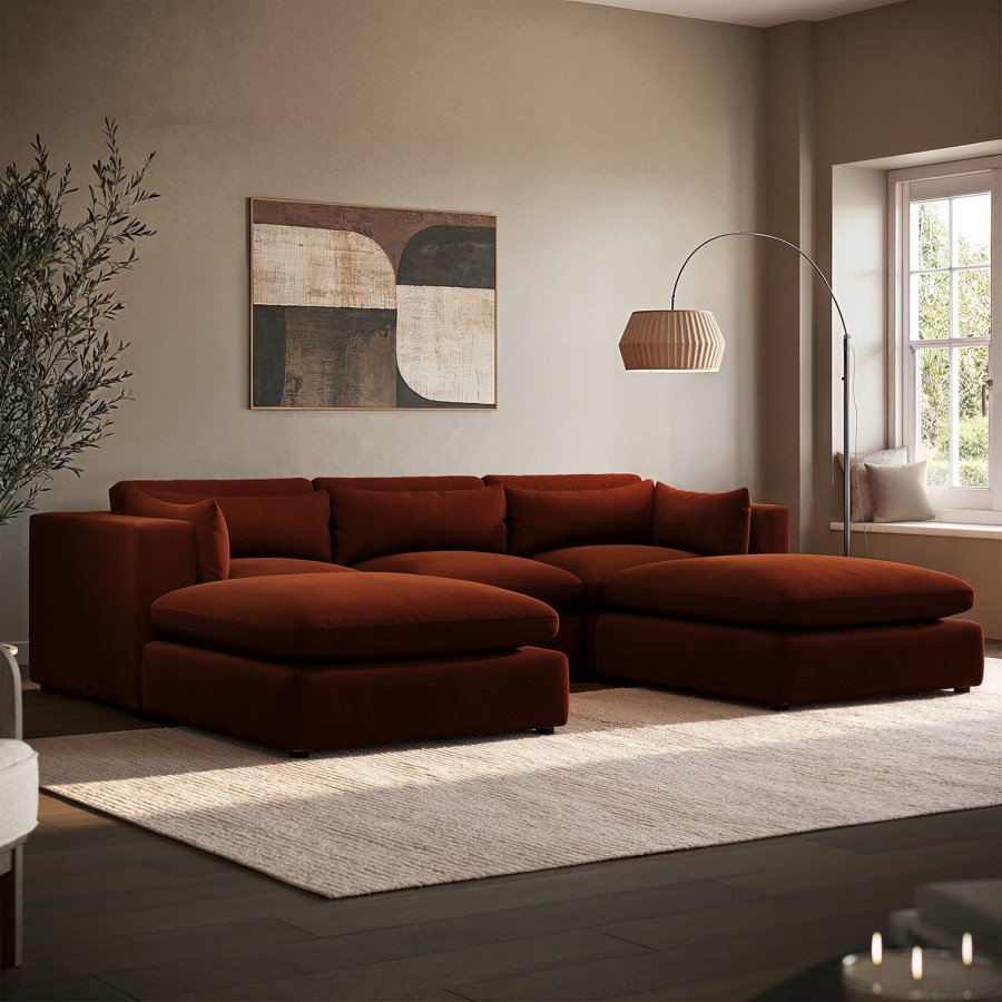Burnt Orange Velvet 5 Seater U-Shape Sofa - Hudson