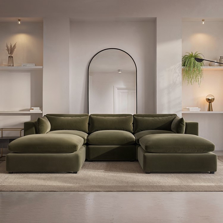 Khaki Green Velvet U-Shaped Sofa - Hudson