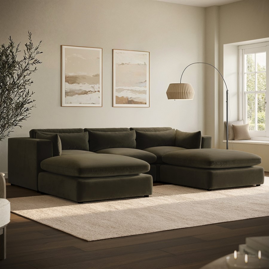 Khaki Green Velvet U-Shaped Sofa - Hudson