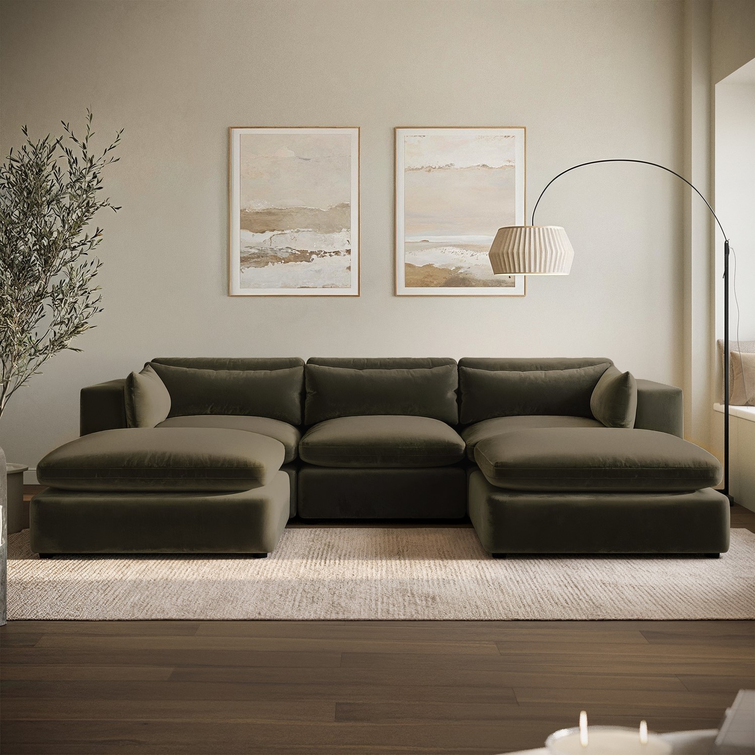 Khaki Green Velvet 5 Seater U-Shape Sofa - Hudson