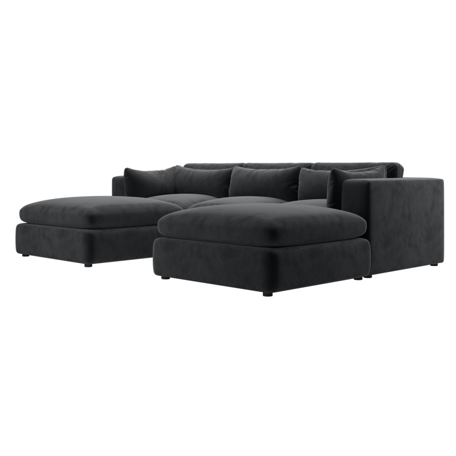 Charcoal Velvet Reversible 4 Seater Chaise Corner Sofa with Footstools - Hudson