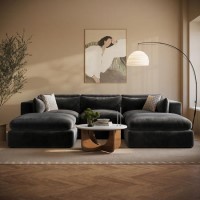 Charcoal Velvet Reversible 4 Seater Chaise Corner Sofa with Footstools - Hudson