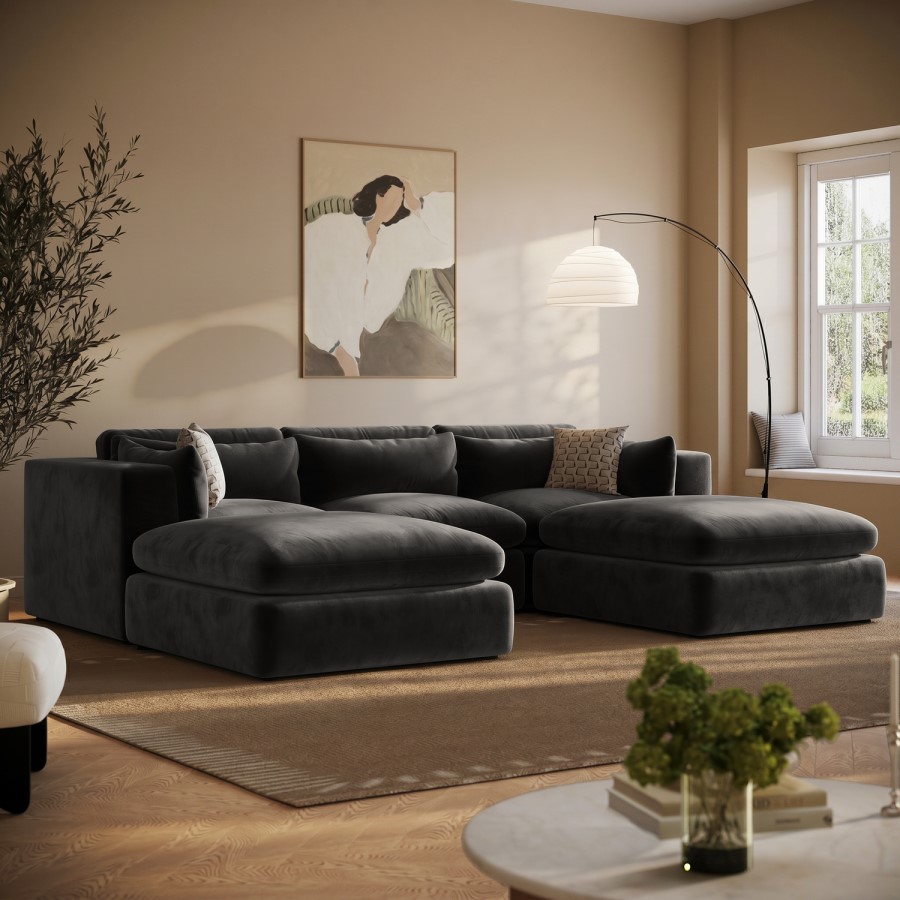 Charcoal Velvet Reversible 4 Seater Chaise Corner Sofa with Footstools - Hudson