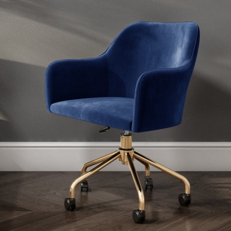 Walnut Desk with Hairpin Legs and Blue Velvet Office Chair Set - Inari - Marley