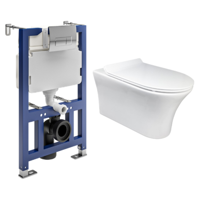 Indiana Wall Hung Toilet 820mm Pneumatic Frame & Cistern & Chrome Flush Plate