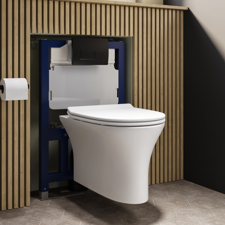 Indiana Wall Hung Toilet 820mm Pneumatic Frame & Cistern & Black Flush Plate