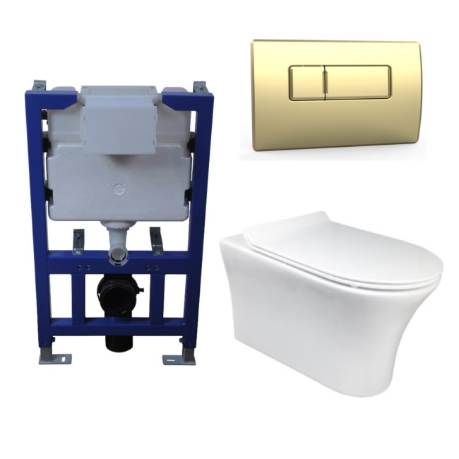 Indiana Wall Hung Toilet 820mm Pneumatic Frame & Cistern & Brushed Brass Flush Plate