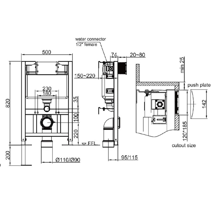 Indiana Wall Hung Toilet 820mm Pneumatic Frame & Cistern & Chrome Flush Plate