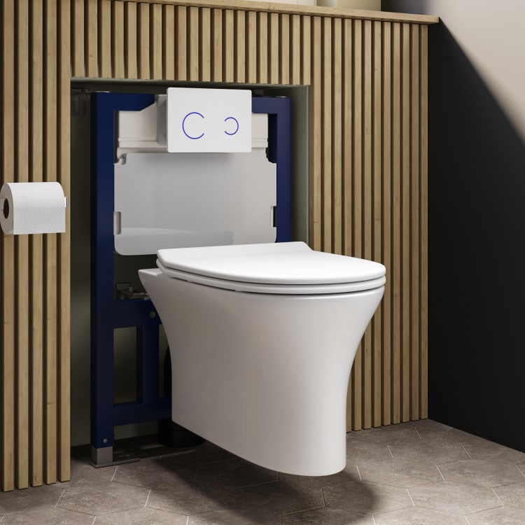 Indiana Wall Hung Toilet 820mm Pneumatic Frame & Cistern & White Glass Flush Plate