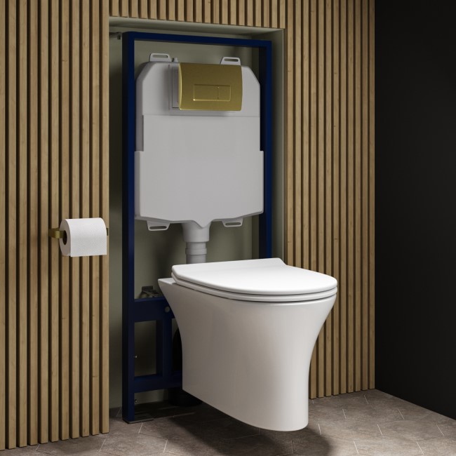 Indiana Wall Hung Toilet 1160mm Pneumatic Frame & Cistern & Brushed Brass Flush Plate