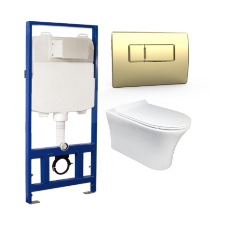 Indiana Wall Hung Toilet 1160mm Pneumatic Frame & Cistern & Brushed Brass Flush Plate