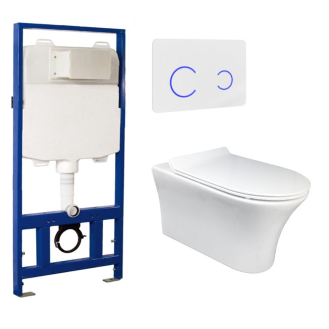 Indiana Wall Hung Toilet 1160mm Pneumatic Frame & Cistern & White Glass Flush Plate