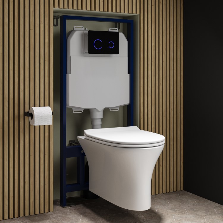 Indiana Wall Hung Toilet 1160mm Pneumatic Frame & Cistern & Black Glass Flush Plate