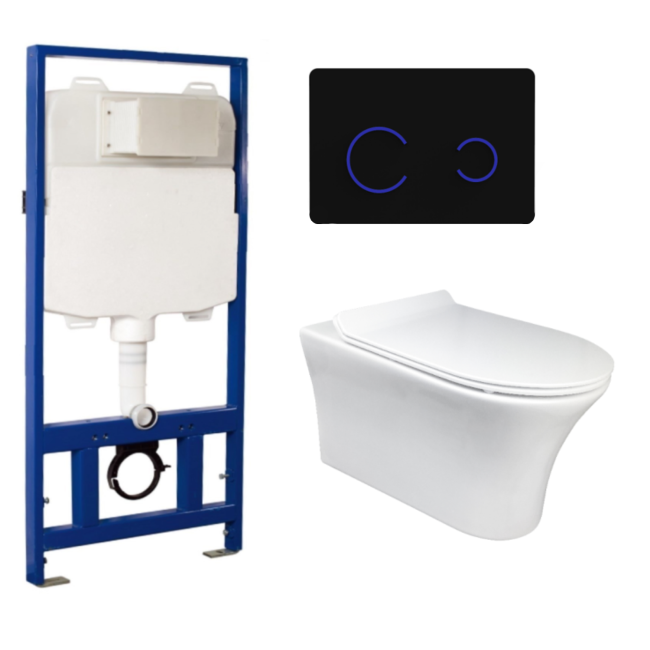 Indiana Wall Hung Toilet 1160mm Pneumatic Frame & Cistern & Black Glass Flush Plate