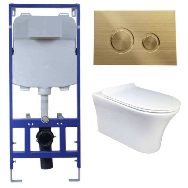 Indiana Wall Hung Toilet 1160mm Mechanical WC Frame & Cistern & Brushed Brass Mechanical Flush Plate